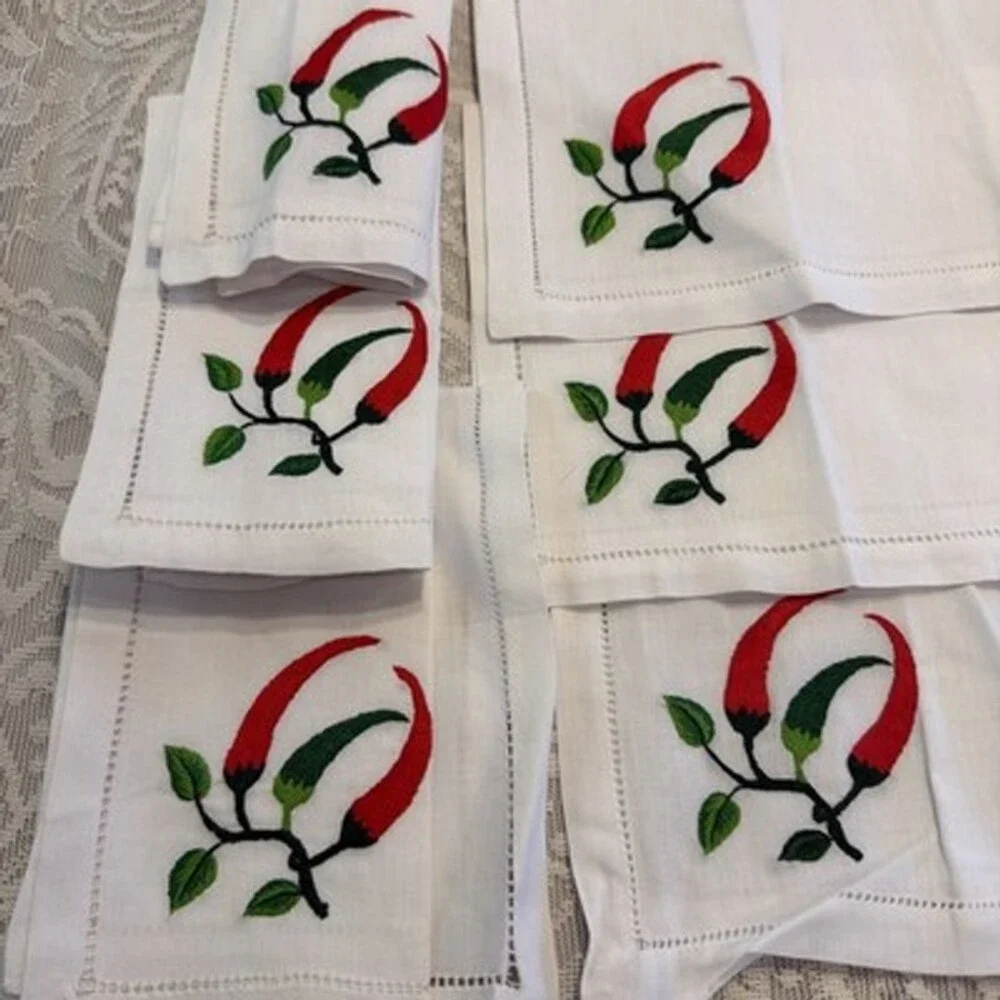 6 White Linen Hem Stitched Napkins Embroidered Chili Peppers 16”